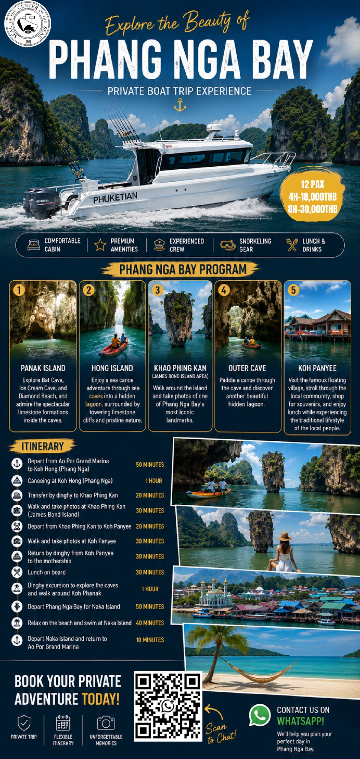Phang Nga Bay private boat trip on PHUKETIAN: full programme with the five stops and itinerary timings
