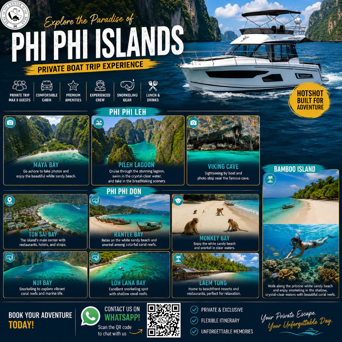 Phi Phi Islands private boat trip on HOTSHOT: poster with the bays of Phi Phi Leh, Phi Phi Don and Bamboo Island