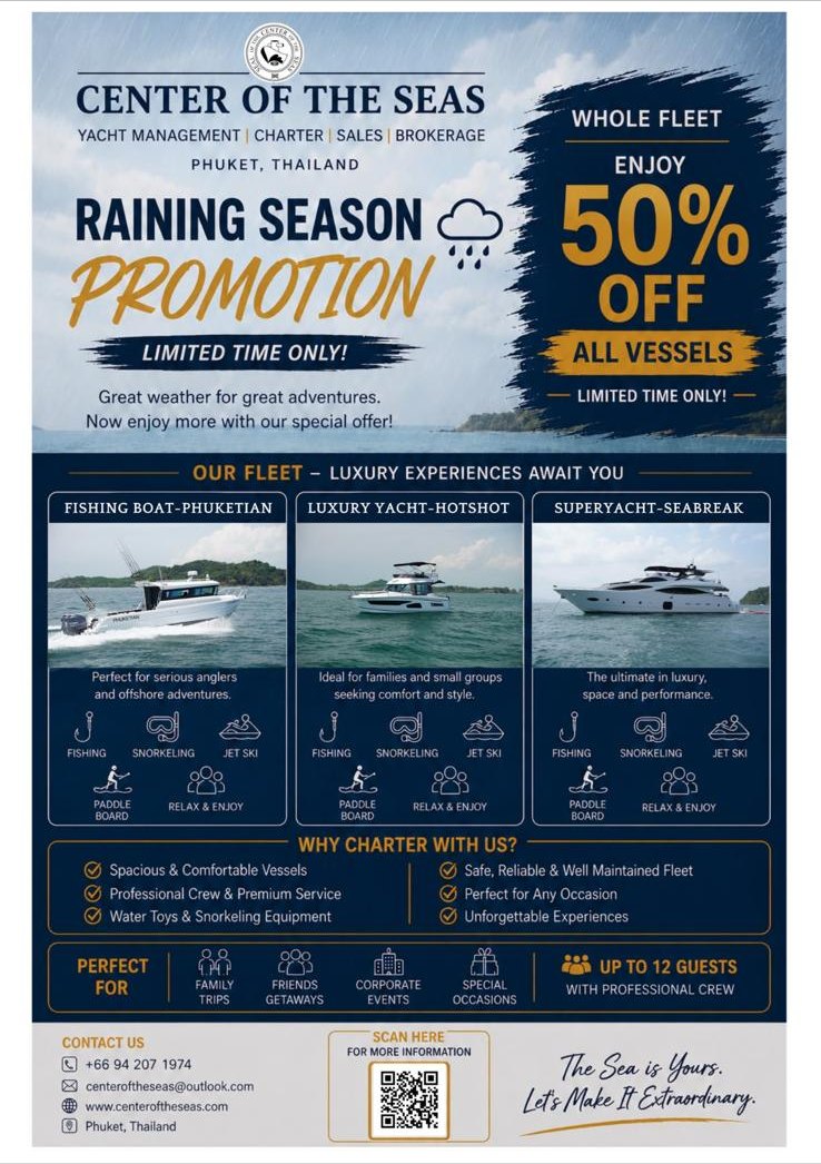 Raining season promotion: 50% off across the whole fleet — PHUKETIAN, HOTSHOT and SEABREAK
