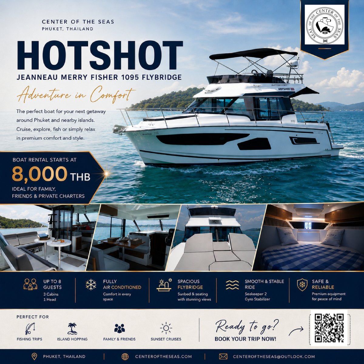 HOTSHOT, Jeanneau Merry Fisher 1095 Flybridge: rental rates, cabins and on-board equipment