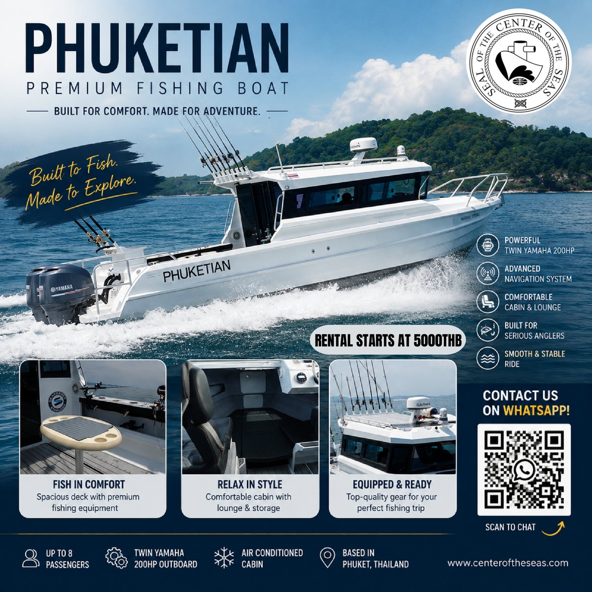 PHUKETIAN fishing boat: rental rates, twin Yamaha 200HP engines and on-board fishing equipment